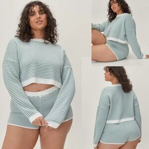 Nasty Gal Striped Knit Crop Sweater High Waist Shorts Lounge Set Plus Size 18-20